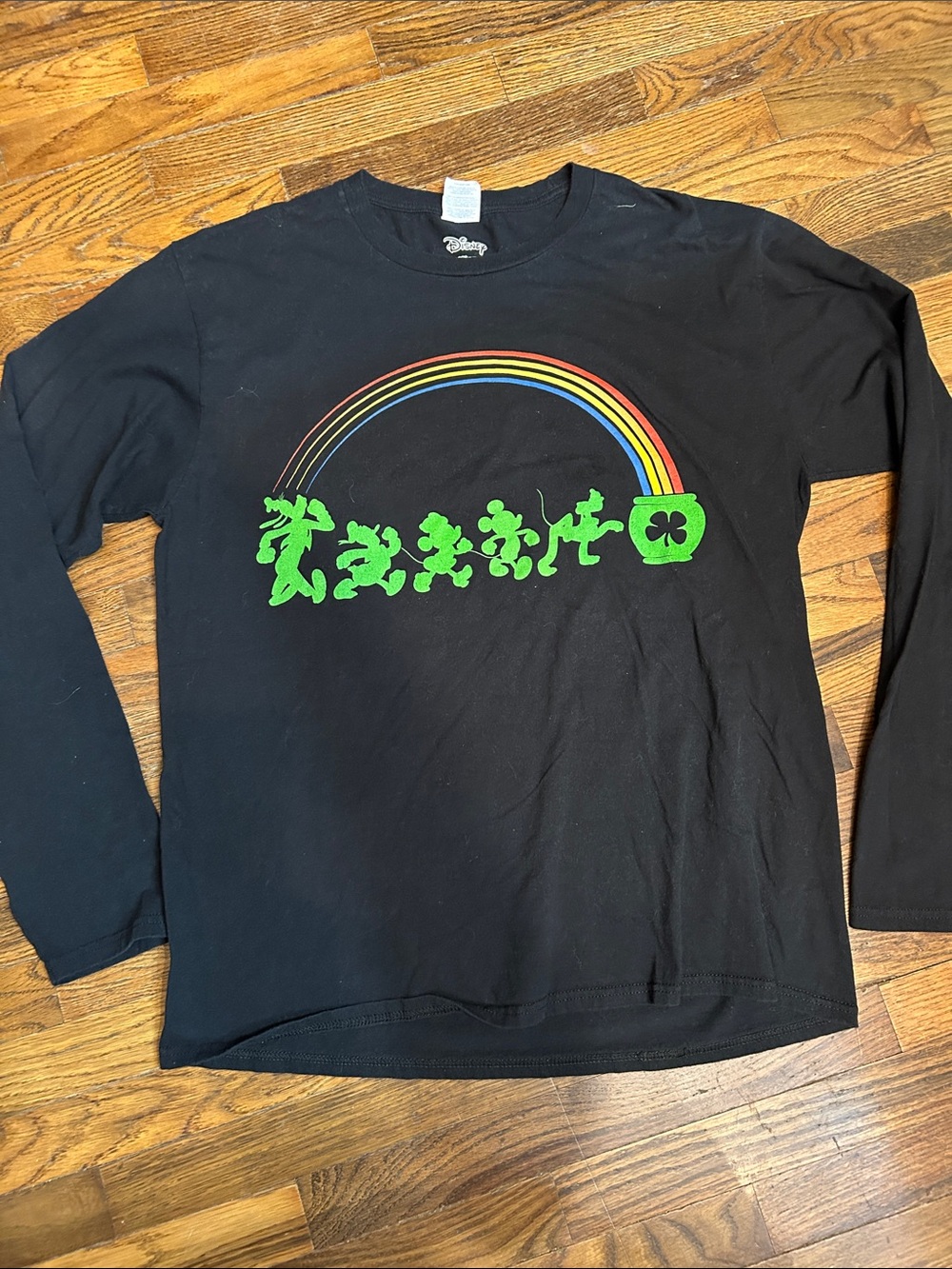 Disney Black Long Sleeve women’s Tee with Neon Green Shamrock and Rainbow